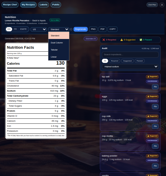 RecipeChef label layouts